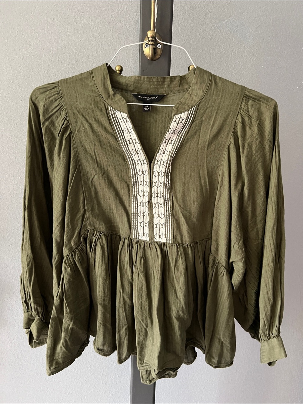 Banana Republic Olive Green Embroidered V-Neck Tunic